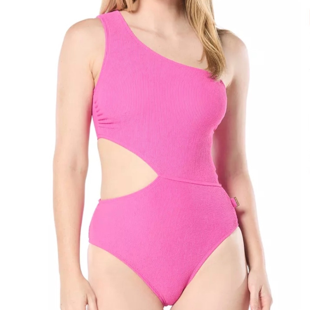 MICHAEL Michael Kors Womens One Shoulder Cerise Side Cutout One Piece Swimsuit